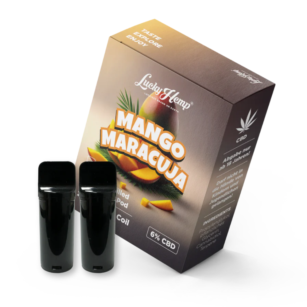 Weitwinkelaufnahme der Lucky Hemp CBD Vape Mango Maracuja – tropisch-fruchtiger Geschmack