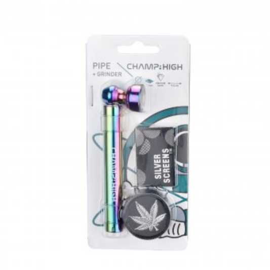 Weitwinkelaufnahme der Champ High Pipe & Leaf Metall-Purpfeife – edles Design, 9,5 cm, verpackt