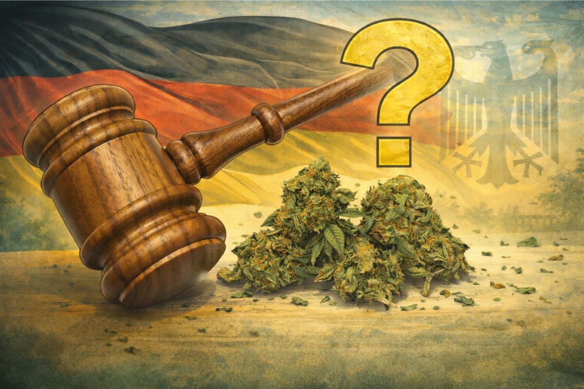 Symbolbild zur rechtlichen Situation von CBD und Cannabis in Deutschland mit Richterhammer und Cannabisblüten vor deutscher Flagge.