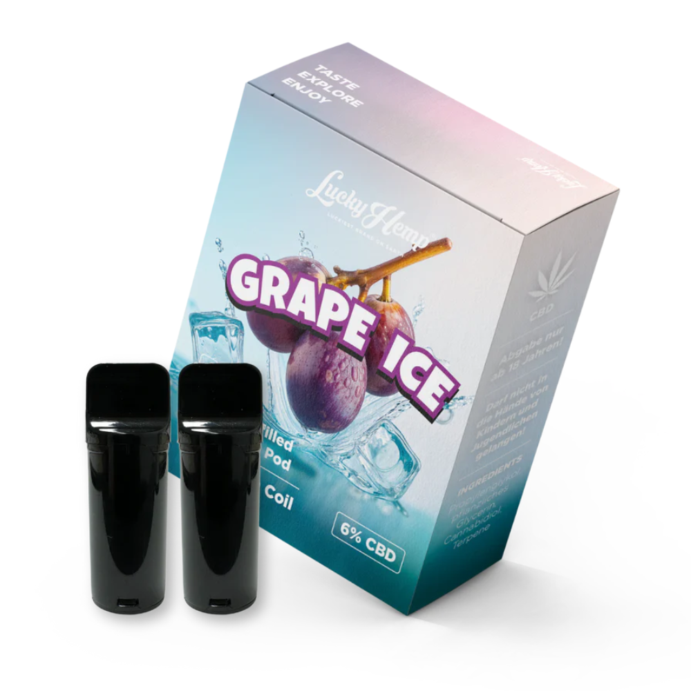 Weitwinkelaufnahme der Lucky Hemp CBD Vape Grape Ice – kühler Traubengeschmack mit frischer Menthol-Note