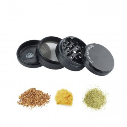 Weitwinkelaufnahme des Champ High Aluminium Grinders – 4-teilig, Ø 63 mm, hochwertige Verarbeitung, einzelteile aufgeschraubt