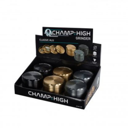Weitwinkelaufnahme des Champ High Aluminium Grinders – 4-teilig, Ø 63 mm, hochwertige Verarbeitung, gruppenbild mit allen Farben