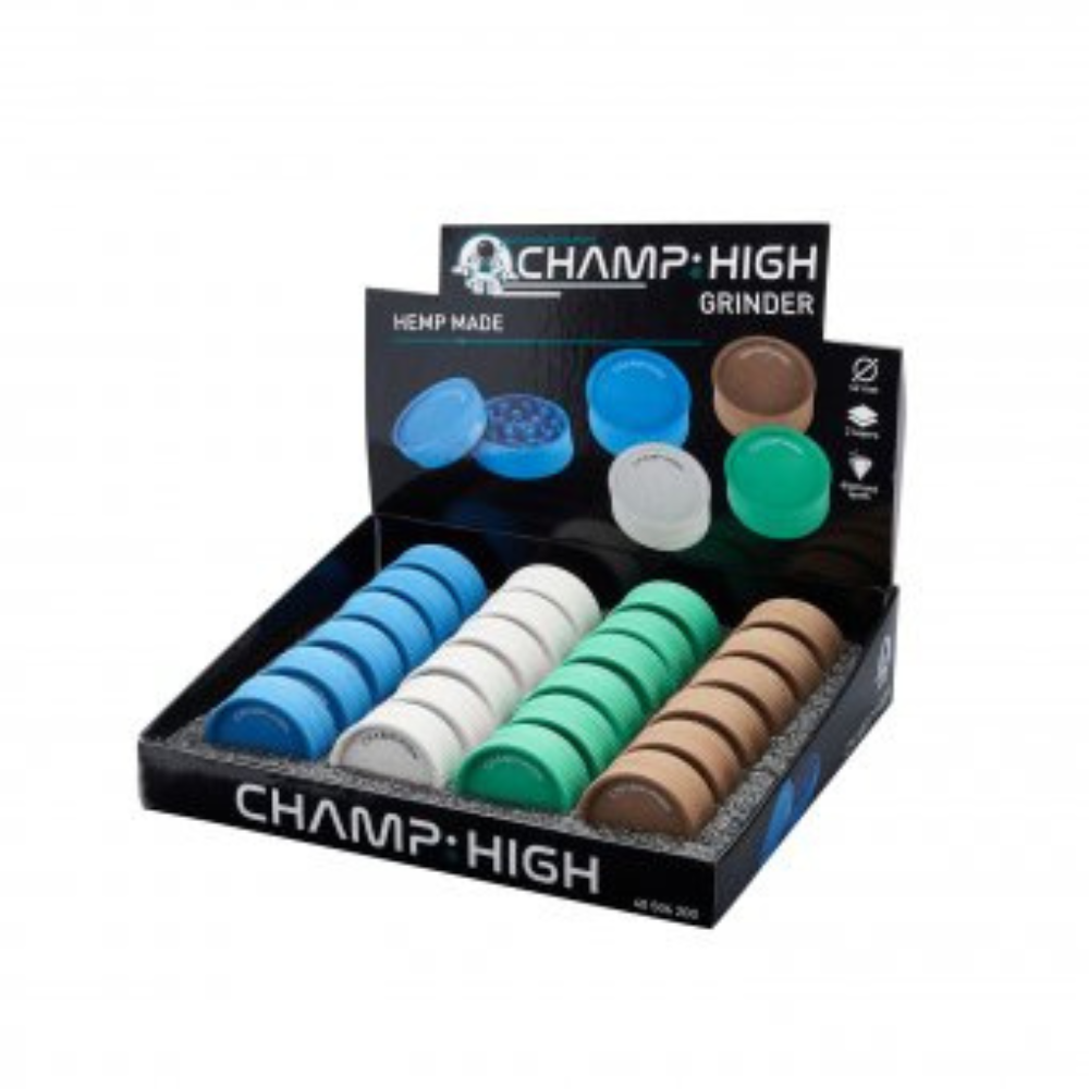 Weitwinkelaufnahme des Champ High Hanf-Grinders – 2-teilig, Ø 42 mm, kompakte Größe, gruppenbild
