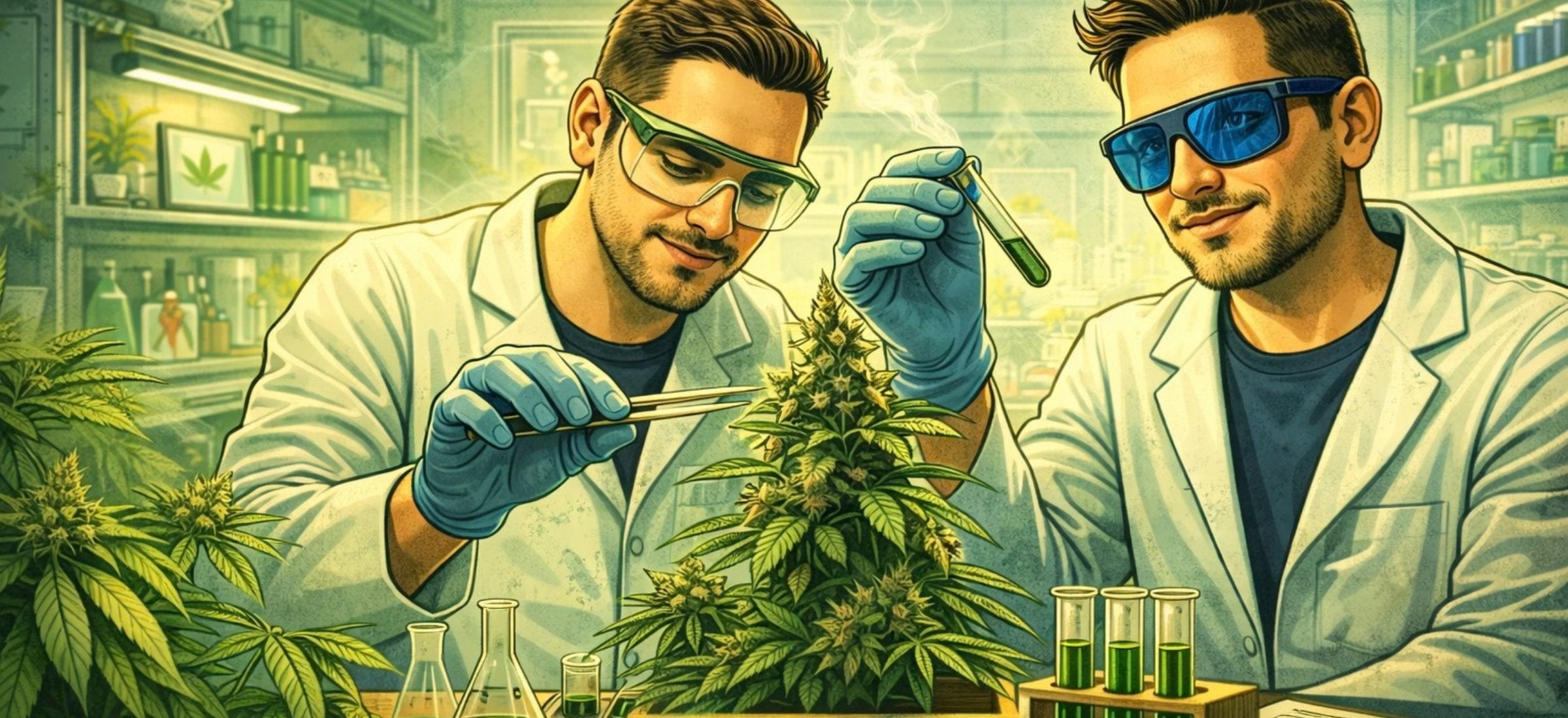 Comic Illustration der Hempstore Gründer bei der Analyse einer Cannabispflanze im Labor für Fragen und Antworten rund um CBD und Cannabinoide.