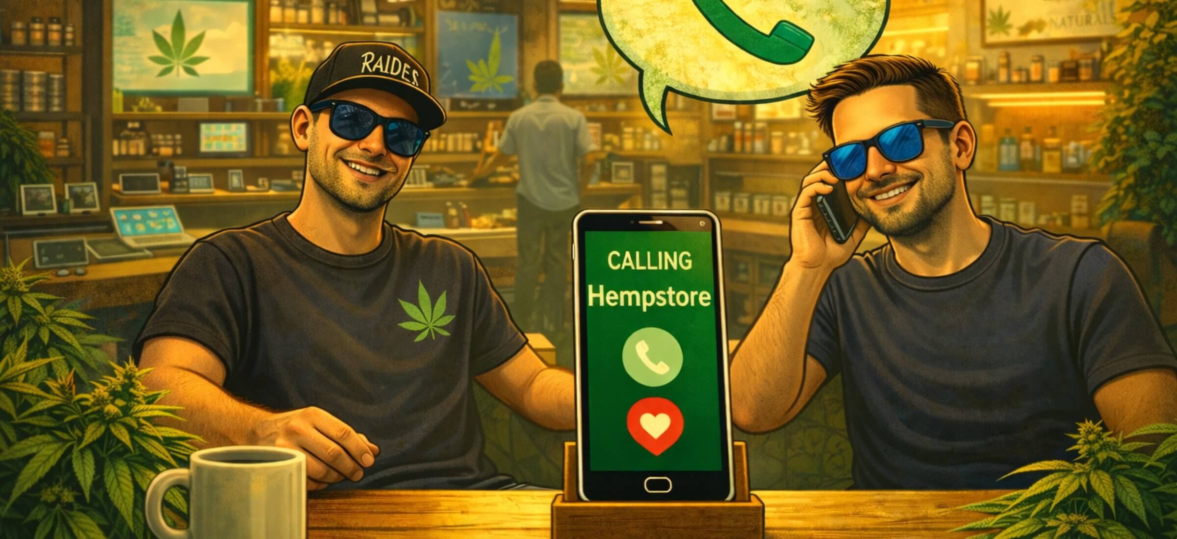 Comic Illustration der Hempstore Gründer im CBD Shop während ein Smartphone mit „Calling Hempstore“ den Kundensupport und die Kontaktmöglichkeiten darstellt.