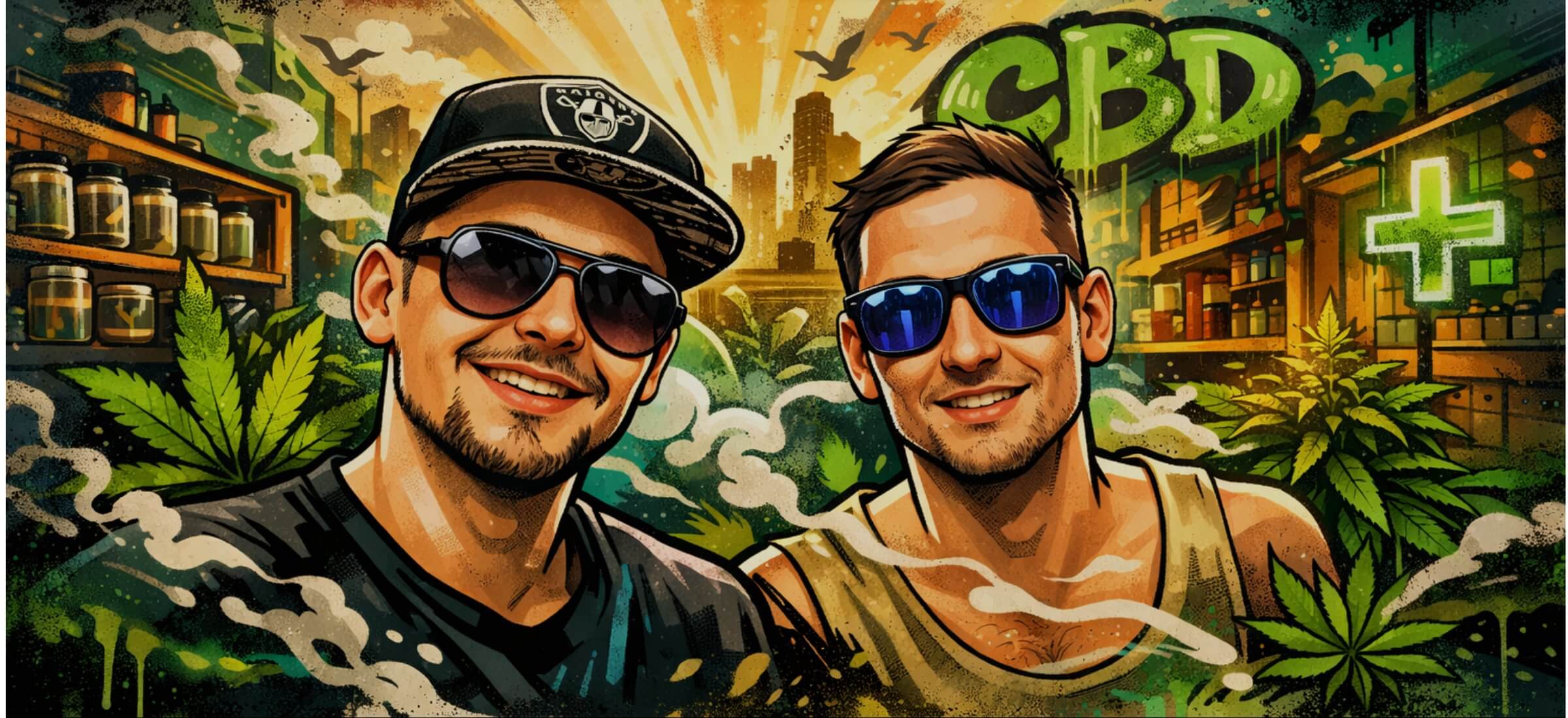 Florian und Fabian Viereck, Gründer von Hempstore Naturals in Marburg, als Comic-Illustration vor ihrem CBD Shop.