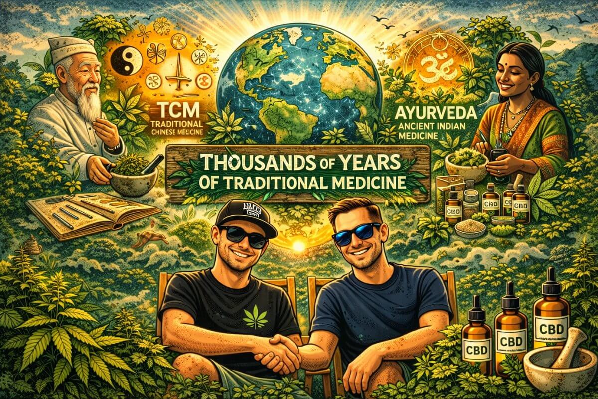 Illustration der Mission von Hempstore Naturals mit Weltkugel, Cannabis, Traditioneller Chinesischer Medizin und Ayurveda als Symbol für die weltweite Bedeutung der Hanfpflanze.