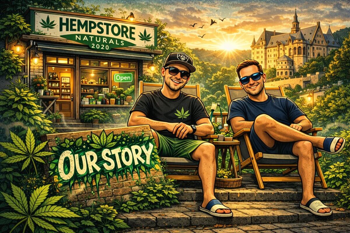 Illustration der Geschichte von Hempstore Naturals mit den Gründern vor ihrem CBD Shop in Marburg und dem Schriftzug Our Story.